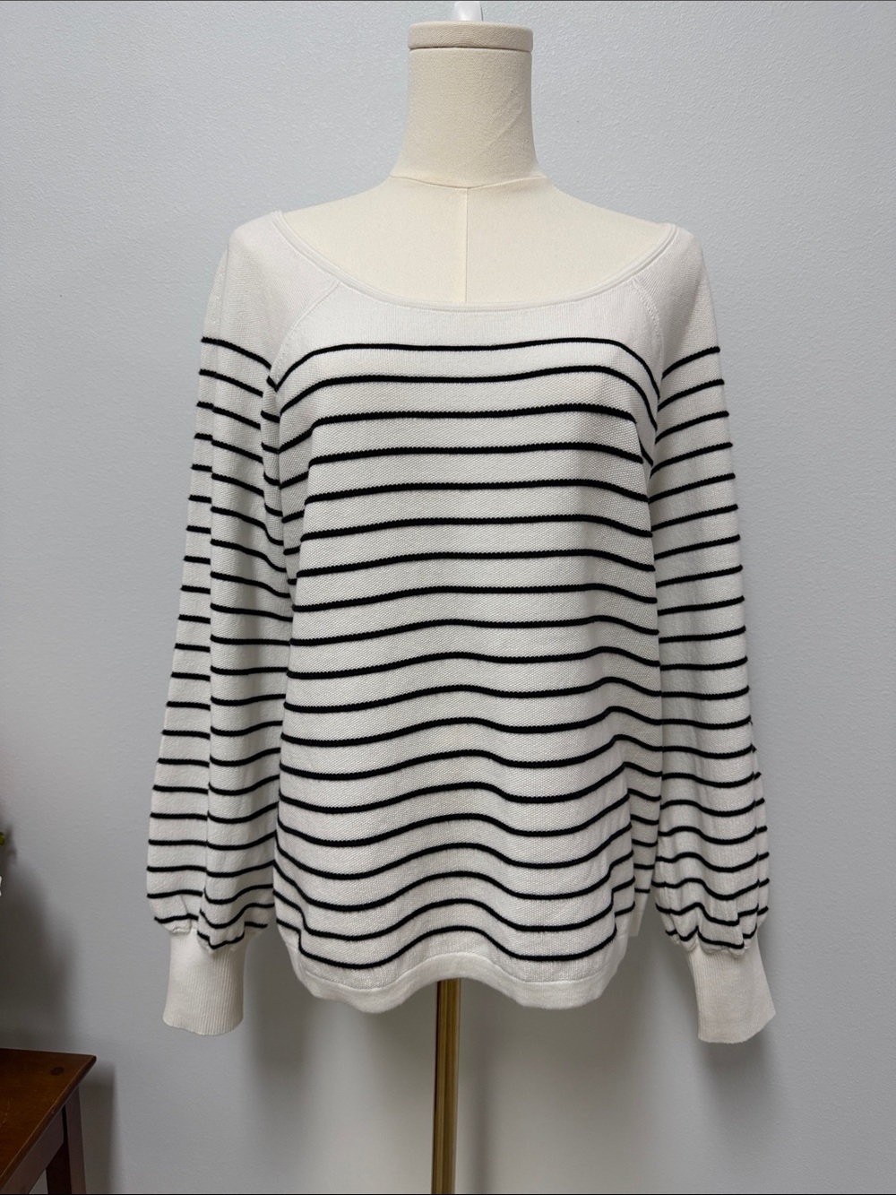 Etcetera White Crewneck Sweater with Black Stripes